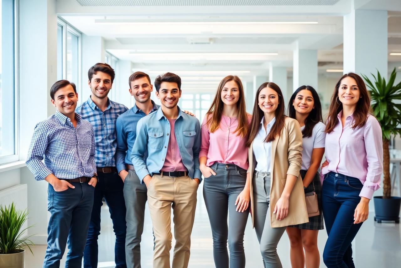 Gruppo di giovani promoter sorridenti in un ambiente di lavoro luminoso